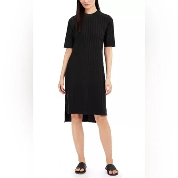 Eileen Fisher Black Wide Rib Mock Neck Elbow Sleeve High Low Dress Size Medium M - Picture 1 of 9